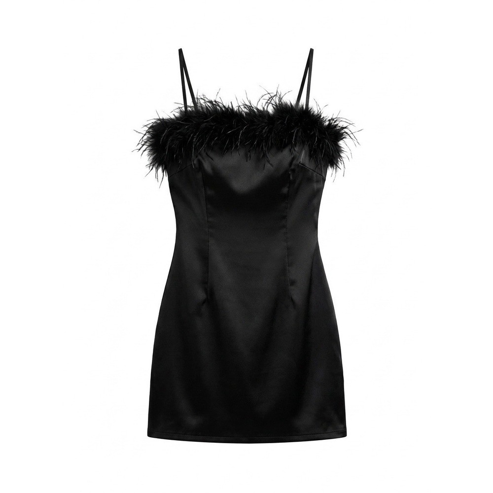 SHEIN Black Feather Trim Mini Dress Women's Size XS Satin Look Party Cocktail